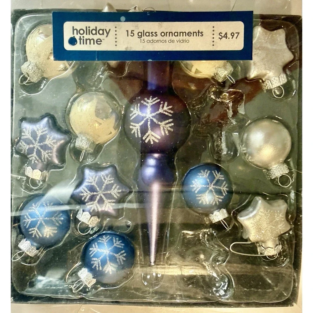 Glass Christmas Ornaments Lot of 3 Boxes Blue Silver Gold Vintage Holiday Time
